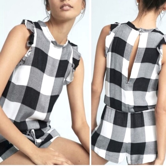 Cloth & Stone Anthropologie Black and White Plaid Ruffled Sleeveless Romper - Picture 1 of 9